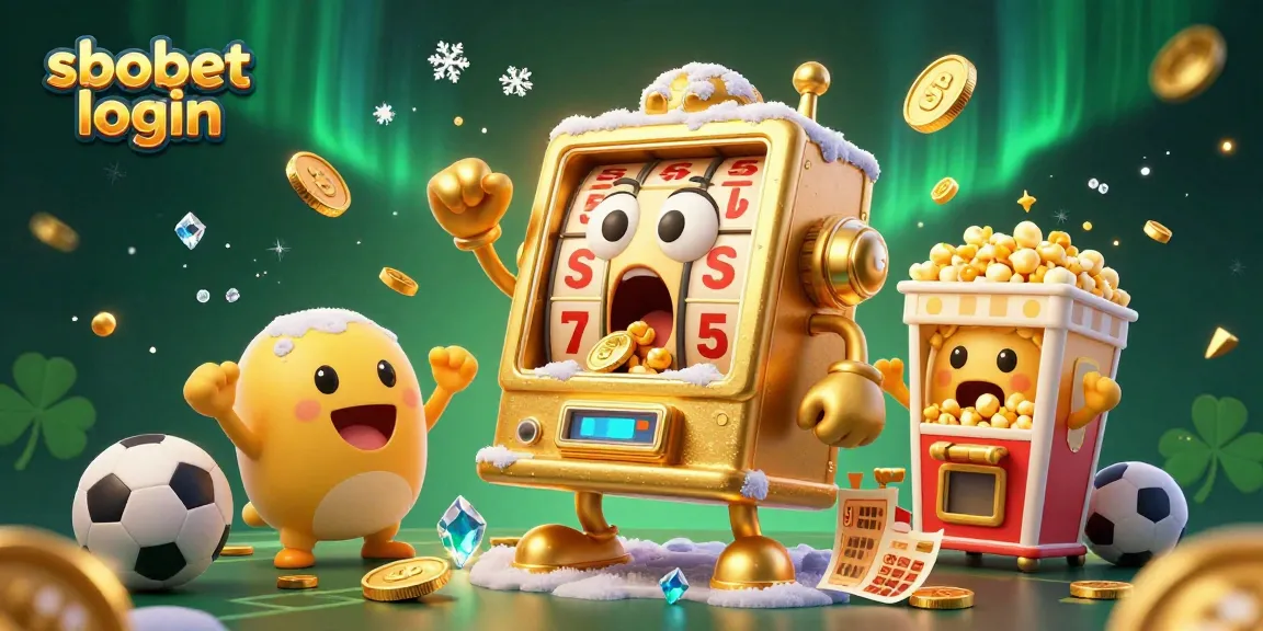 Experience sbobet login with an impressive scene of a cartoon golden slot machine celebrating a jackpot, surrounded by sports elements and cheering.