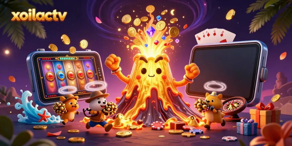 Win big at xoilactv with a thrilling gold volcano scene bursting coins and treasures!