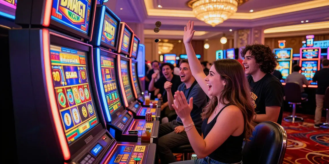 Excited players celebrating a win at a naga slot machine in a vibrant casino.