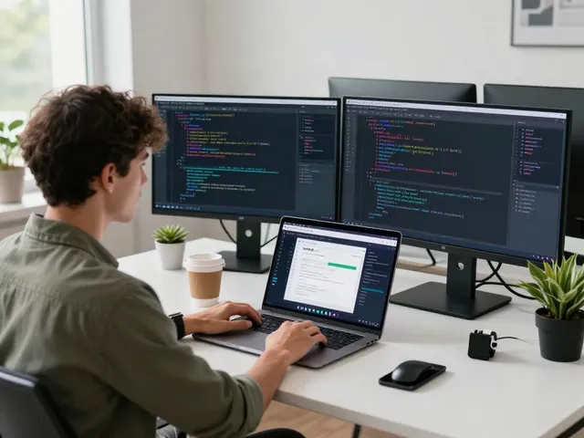 Brave浏览器 showcased on a modern workstation with code and data visuals.
