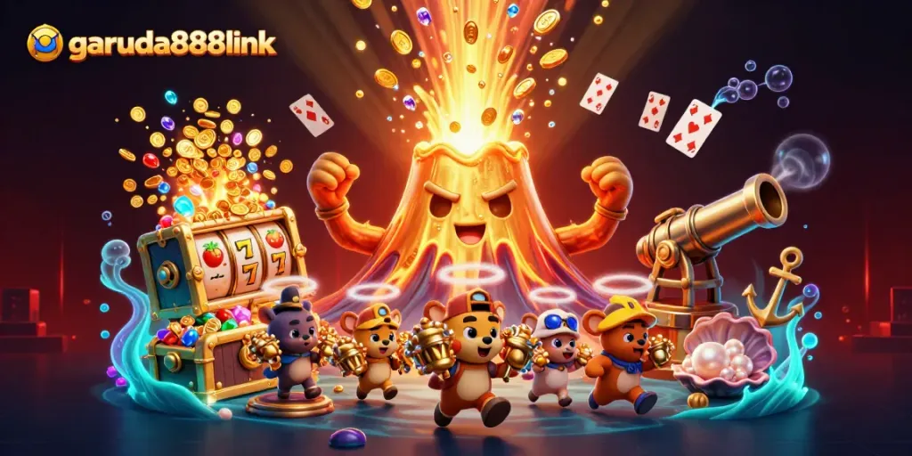 Engage with garuda888link through vibrant gameplay featuring a golden volcano and treasure-chasing explorers.