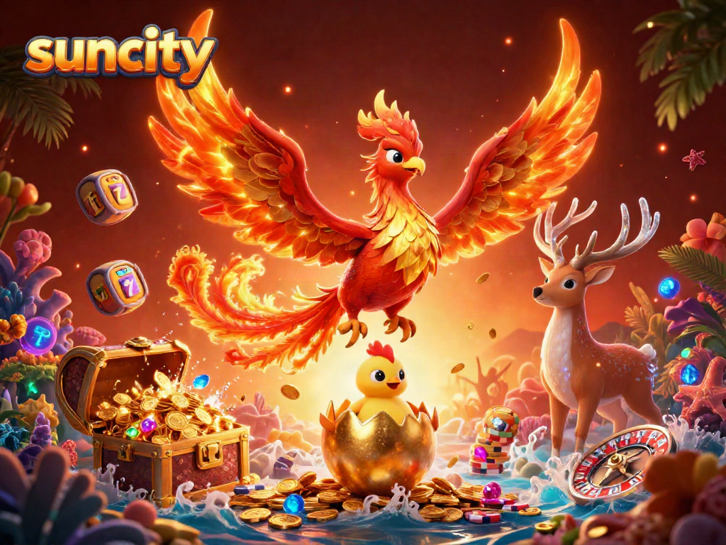 Engage with the dynamic suncity casino scene featuring vibrant characters, colorful game elements, and rich details.