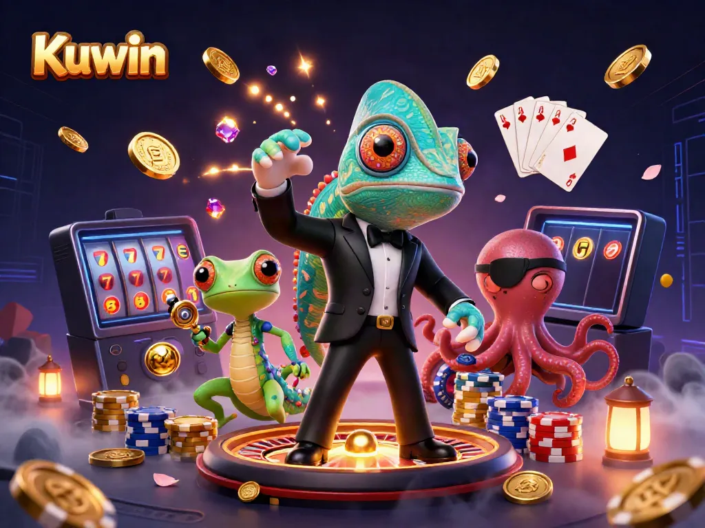 Kuwin casino scene with a secret agent chameleon and a gecko, surrounded by flying coins and chips.