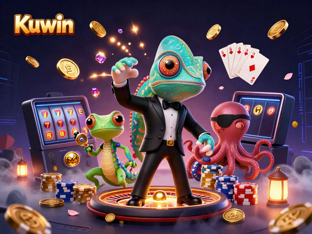 Kuwin casino scene with a secret agent chameleon and a gecko, surrounded by flying coins and chips.
