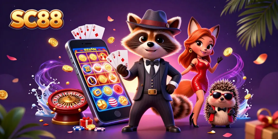 Engage with SC88 for top-tier gaming, featuring lively characters in a vibrant casino scene.