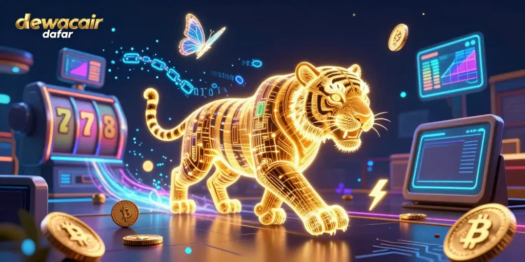 Experience the excitement of dewacair daftar in this vibrant casino scene showcasing a neon tiger, slot reels, and cryptocurrencies.