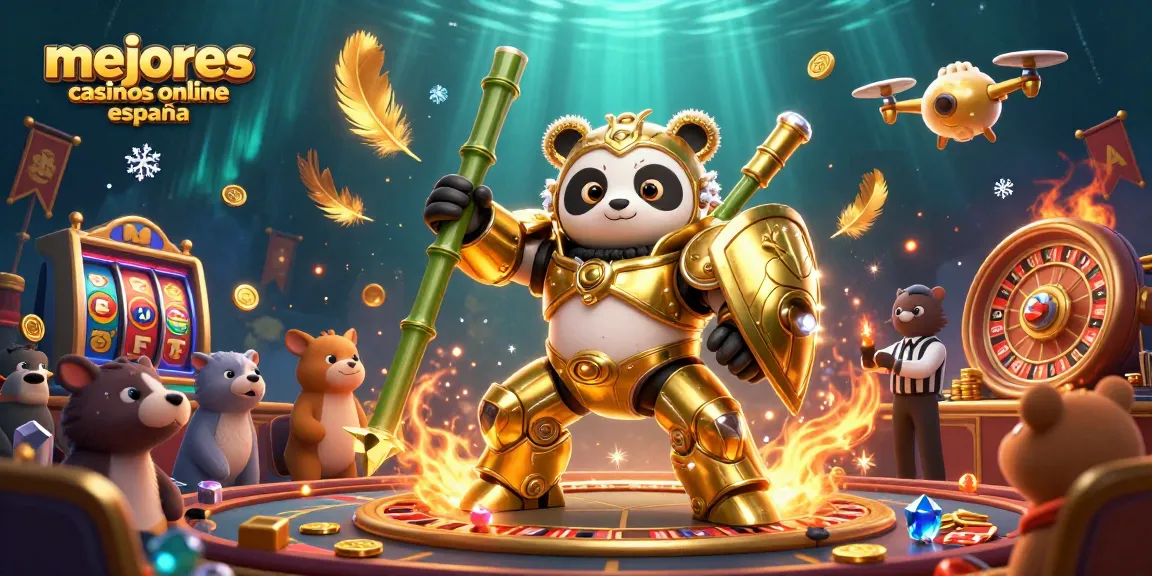 Juega en los mejores casinos online España mientras exploras una animada escena con un panda dorado y elementos de juego.