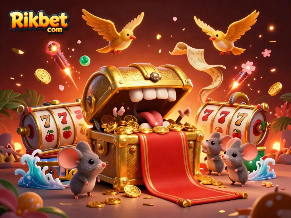 Engage with the thrilling adventures at Rikbet com, featuring a vibrant 3D casino illustration packed with treasure