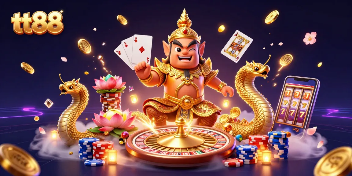Experience tt88's vibrant casino atmosphere with a lively guardian and Naga serpents in a rich 3D illustration.