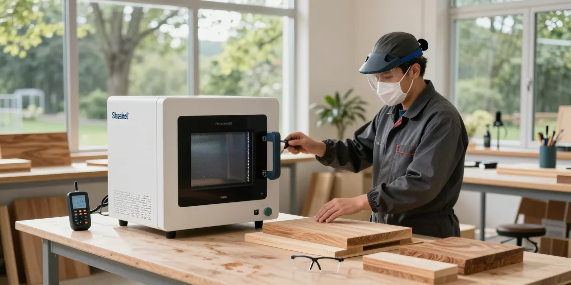 Shashel® microwave technology in action for effective wood treatment in a modern workshop setting.