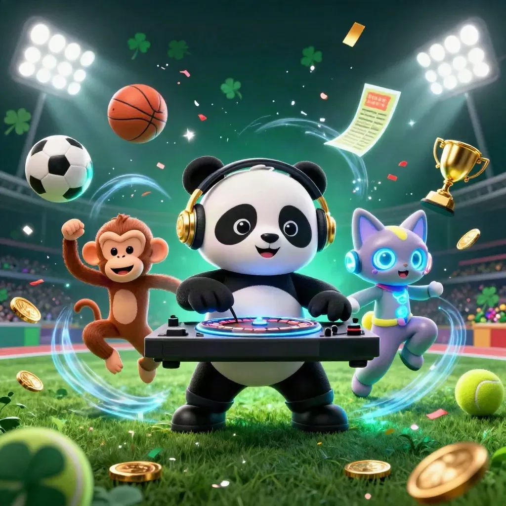 Panda DJ, monkey and glow-stick kitten amid flying sports balls, coins and neon stadium lights.