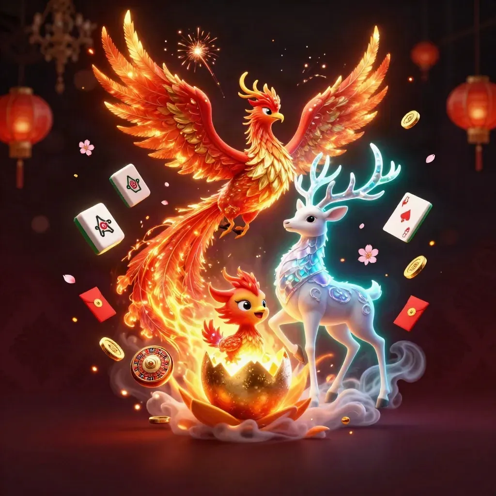 Fire phoenix, baby phoenix, and crystal-antler stag amid casino icons on a dark cyan-lit damask background.