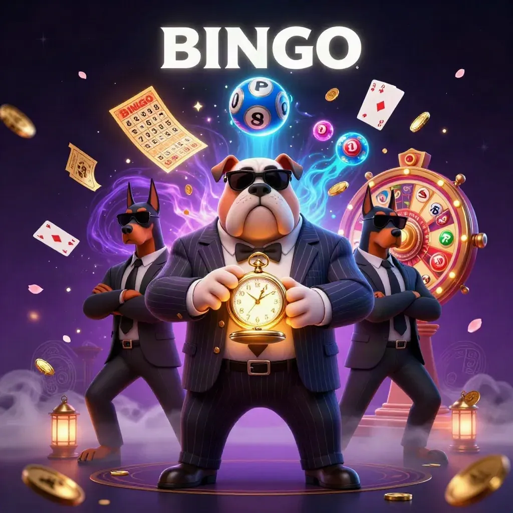 Bulldog mob boss with Dobermans amid neon casino props, glowing blue magic, and treasure.