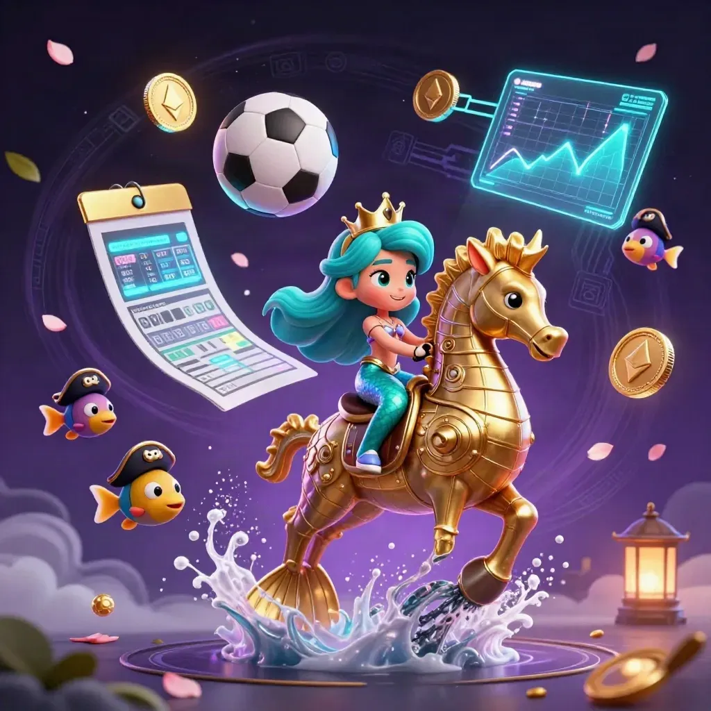 Mermaid princess on a golden seahorse amid crypto coins, fish, and neon casino energy.