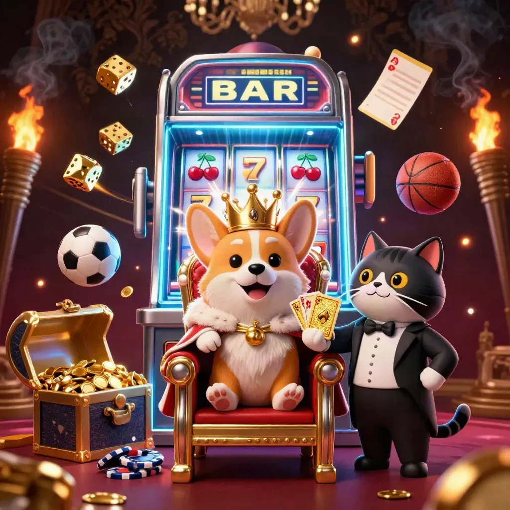Royal corgi king, cat butler, slot machine burst, gold, dice, sports balls, dark luxe casino glow