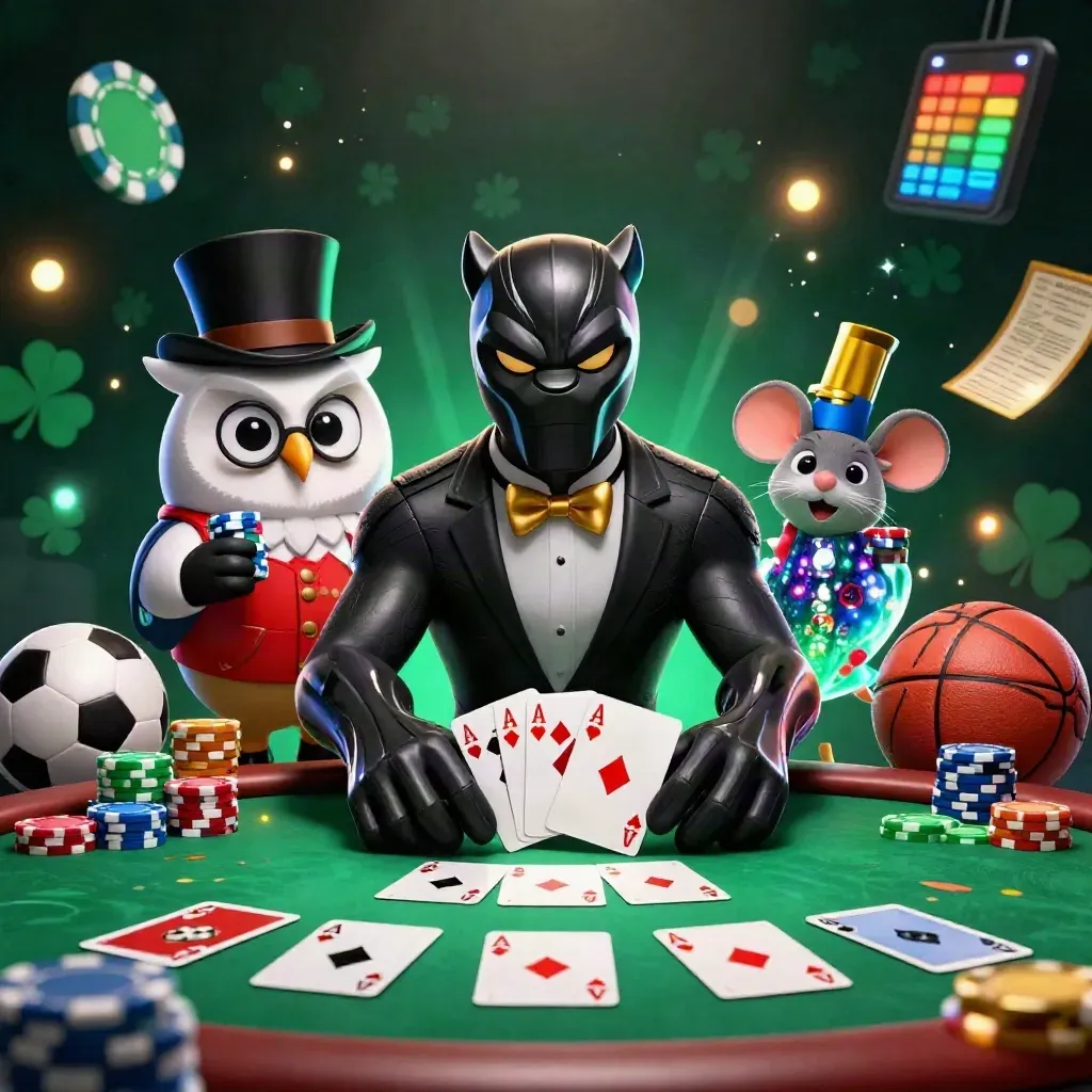 Panther, owl, and mouse in a neon casino tableau with cards, chips, ball props, and glowing lights
