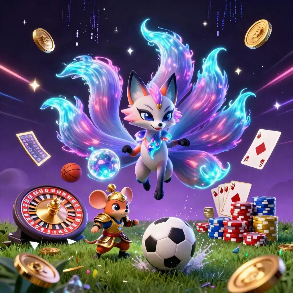 Neon fox spirit and samurai mouse amid casino sports chaos, coins, cards, and glowing energy.