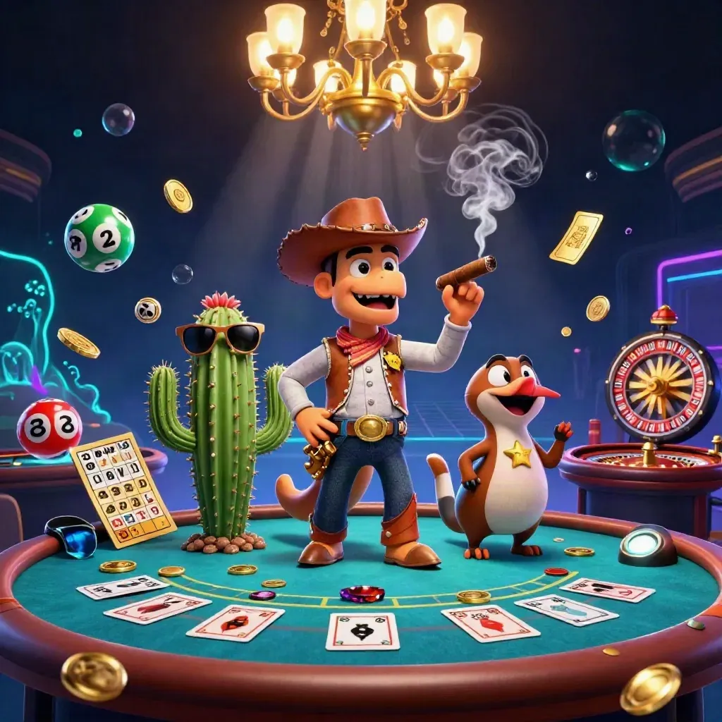 Cartoon cowboy T-Rex casino scene with cactus and roadrunner, neon glow, balls, wheel, tickets