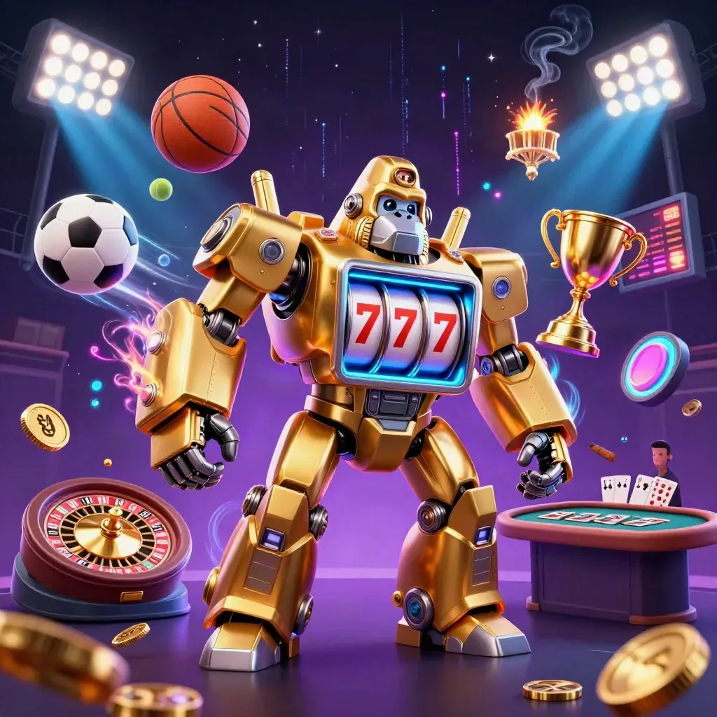 Golden mech gorilla with monkey pilot in neon casino light, sports balls, coins and glowing effects.