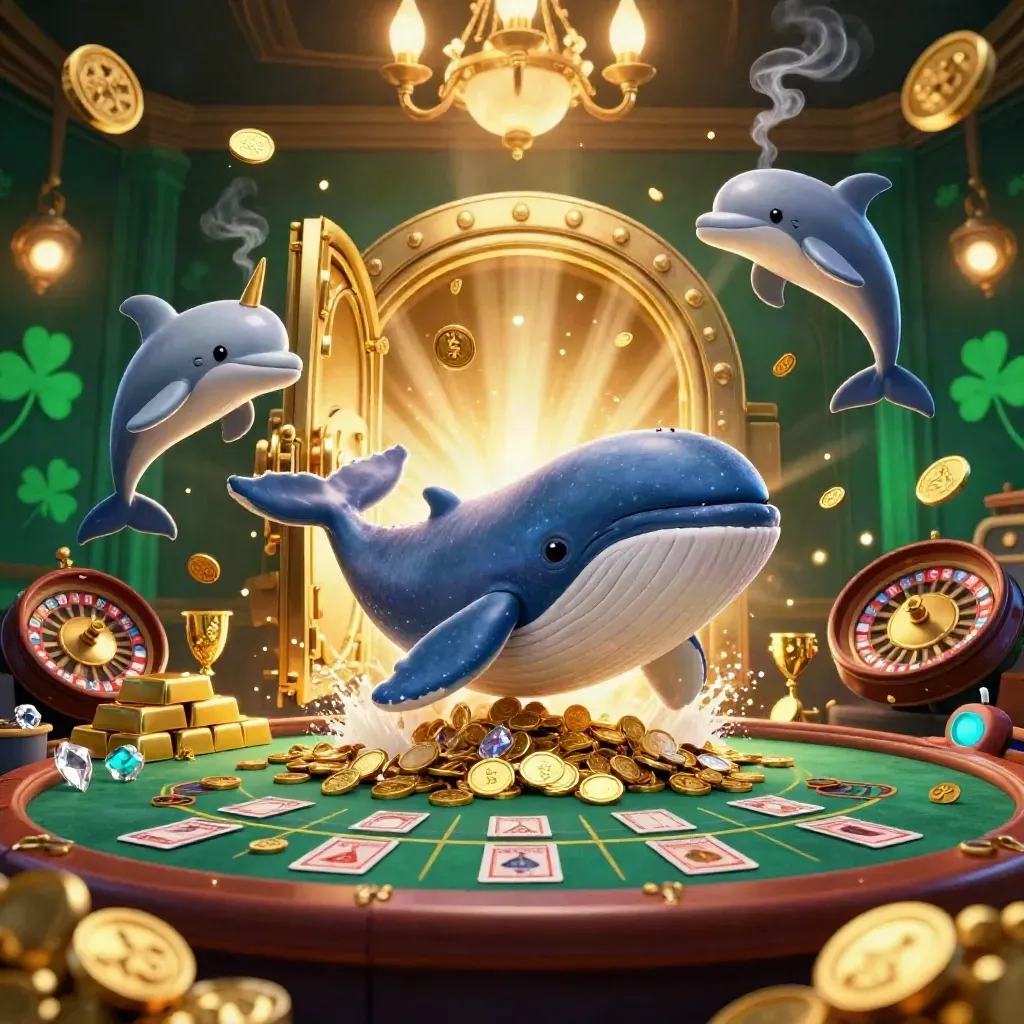 Whale captain, narwhal and dolphins burst through coins in a neon luxe casino scene.