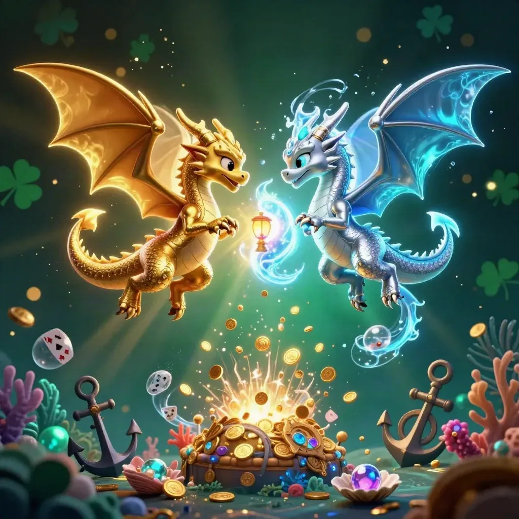 Gold and silver dragons in a yin-yang flight over a glowing treasure cove