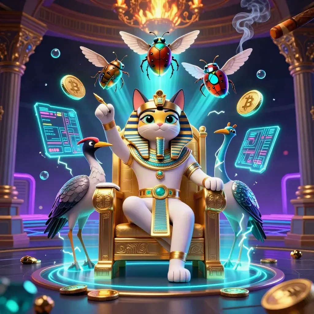 Pharaoh cat on throne with ibis scribe, scarab beetles, neon coins, and casino glow