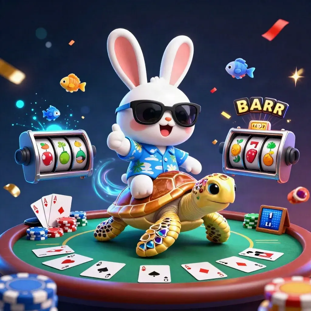 Lucky rabbit rides a gem-shell turtle amid chips, cards, cyan glow, confetti, fireworks.
