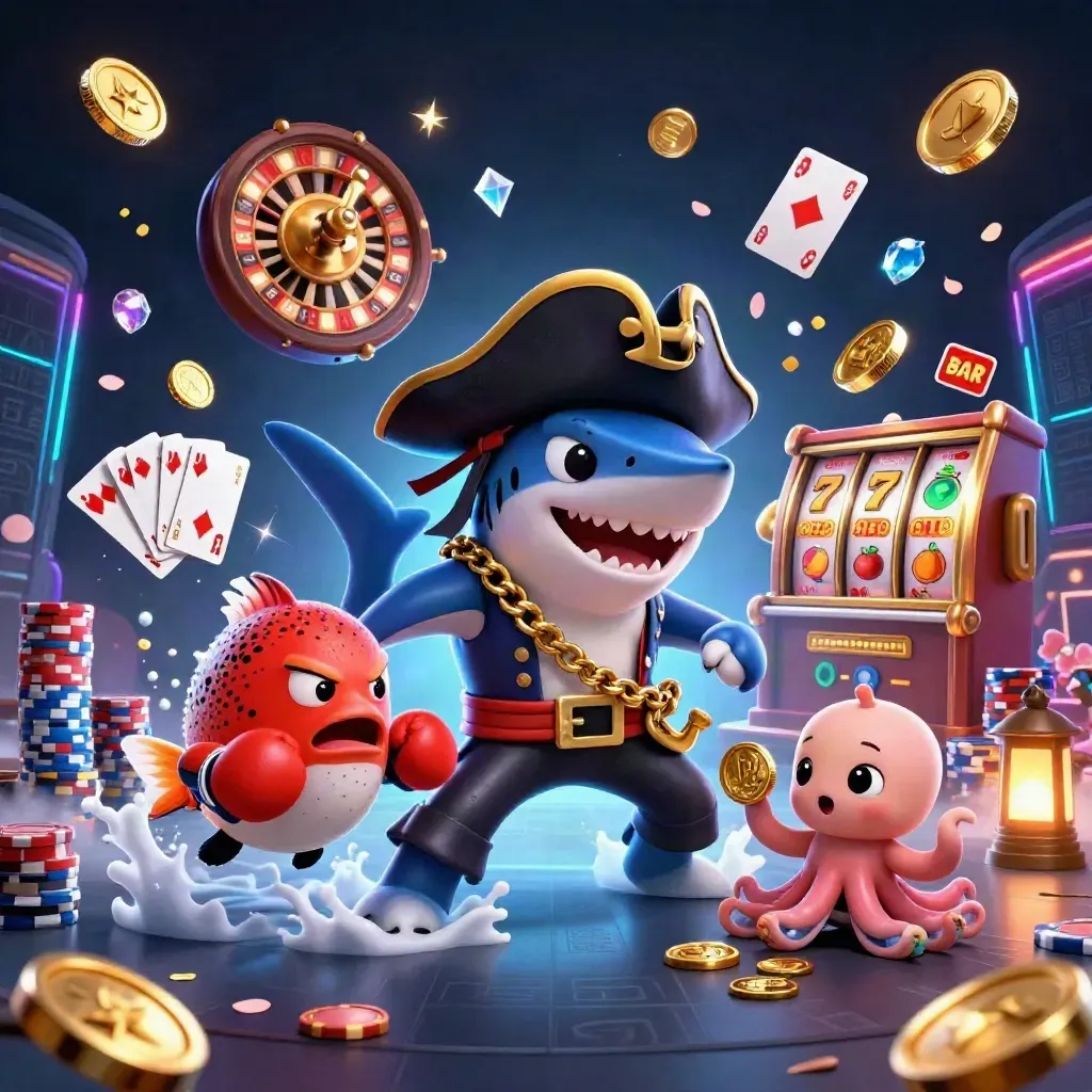 Pirate shark, boxing pufferfish, and coin-juggling octopus amid casino loot and neon cyan glow.