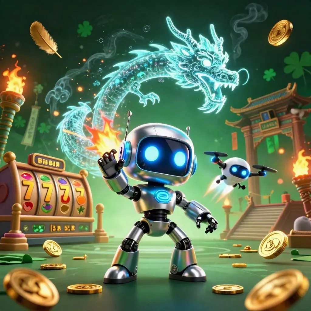 Cyberpunk robot, holographic dragon, and coin drone amid temple treasure and cyan casino glow