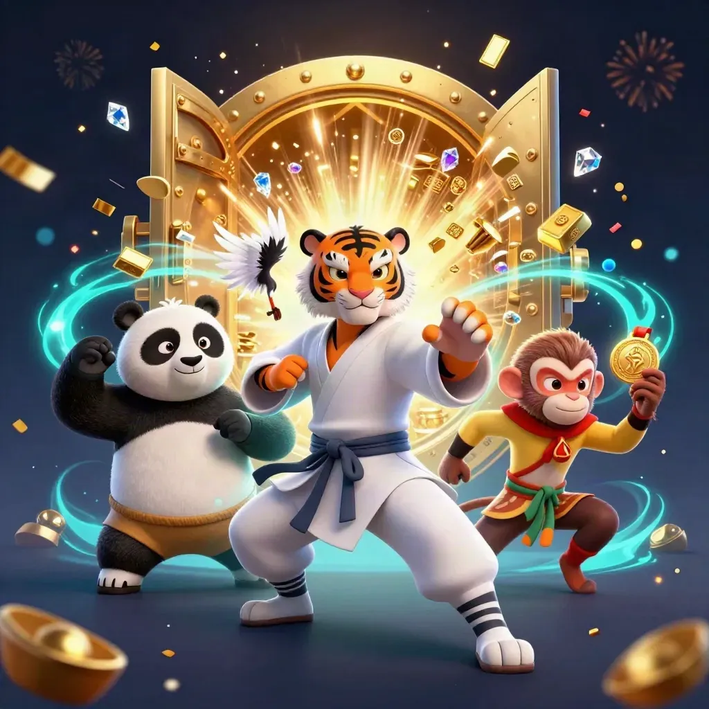 Tiger, panda, and monkey burst from a golden vault with gems and cyan glow.