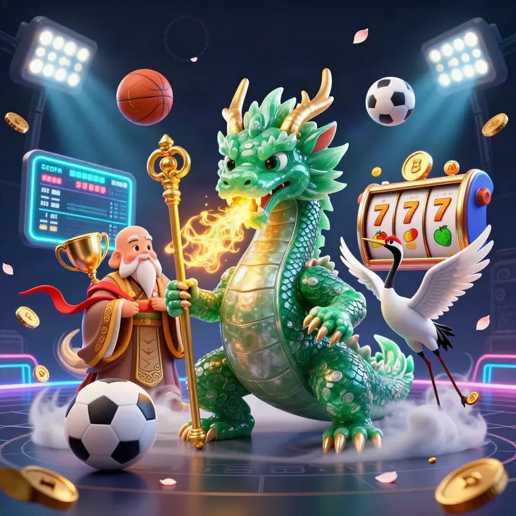 Emerald dragon, turtle sage, cranes, coins, and neon cyan casino effects on a dark grid.