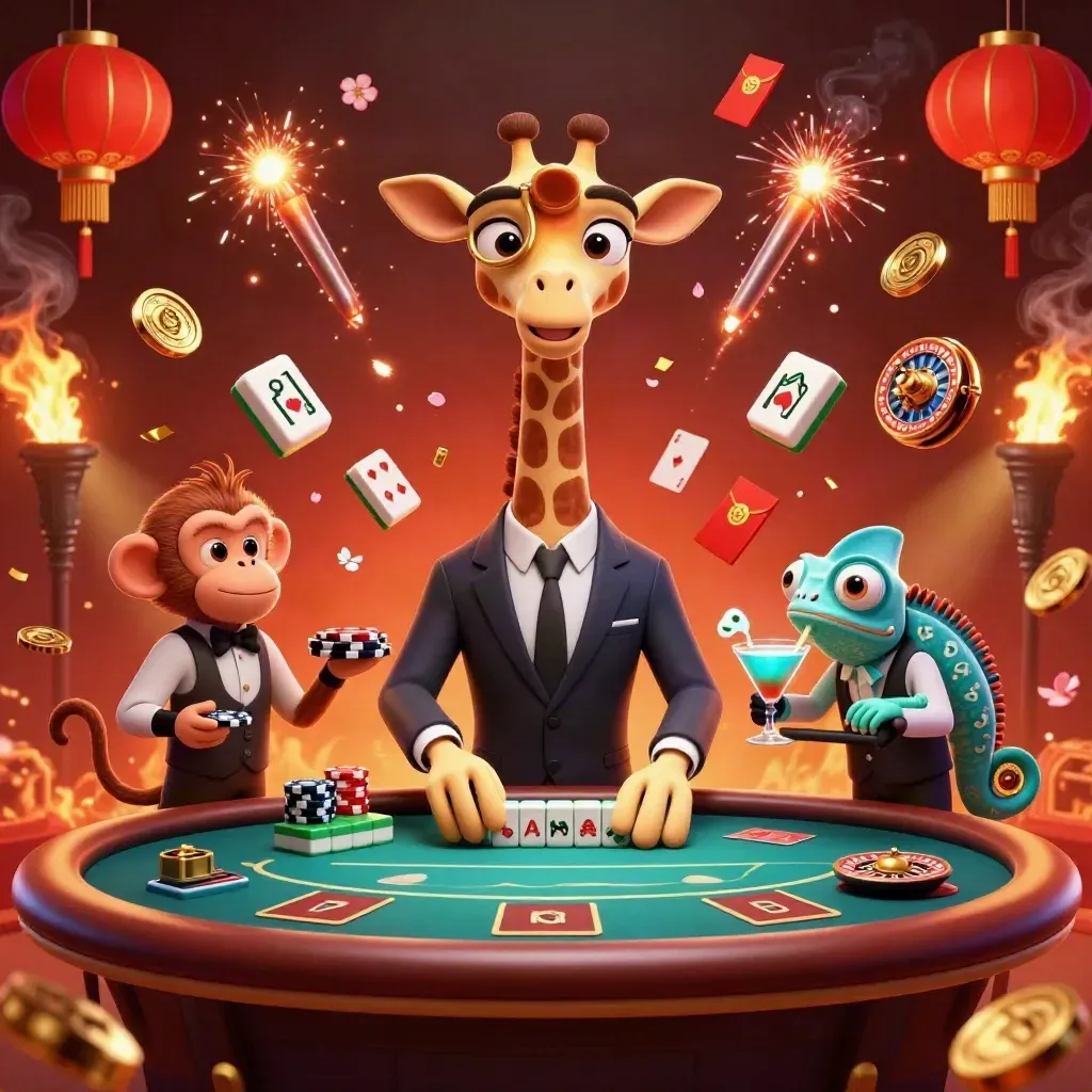 Giraffe, monkey valet, and chameleon bartender amid casino treasure, fireworks, coins, and glowing embers