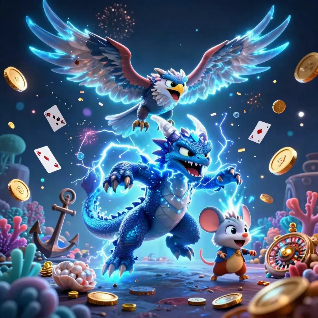 Thunder dragon, wind hawk, and mouse amid treasure, coins, coral, fireworks, and casino symbols