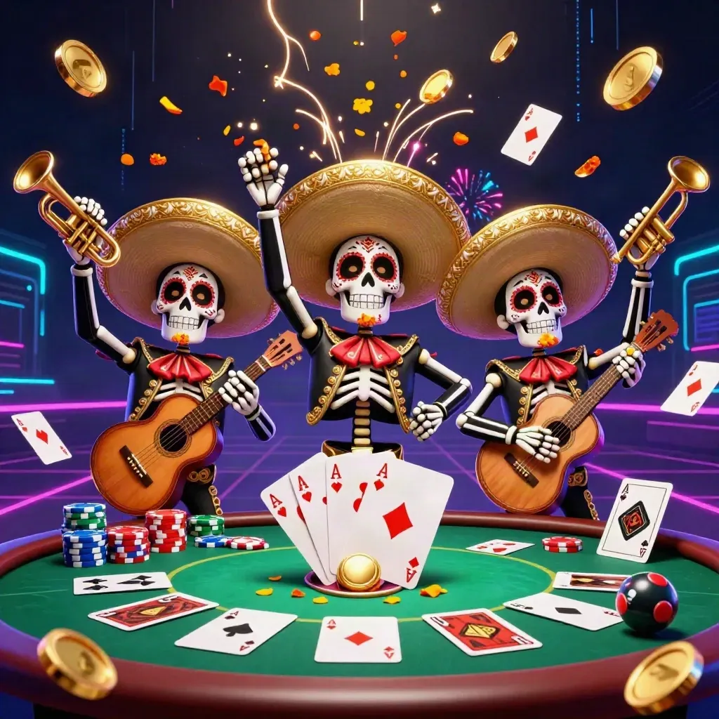 Skeleton mariachi trio at a neon poker table, coins, chips, aces, and fireworks in the dark.