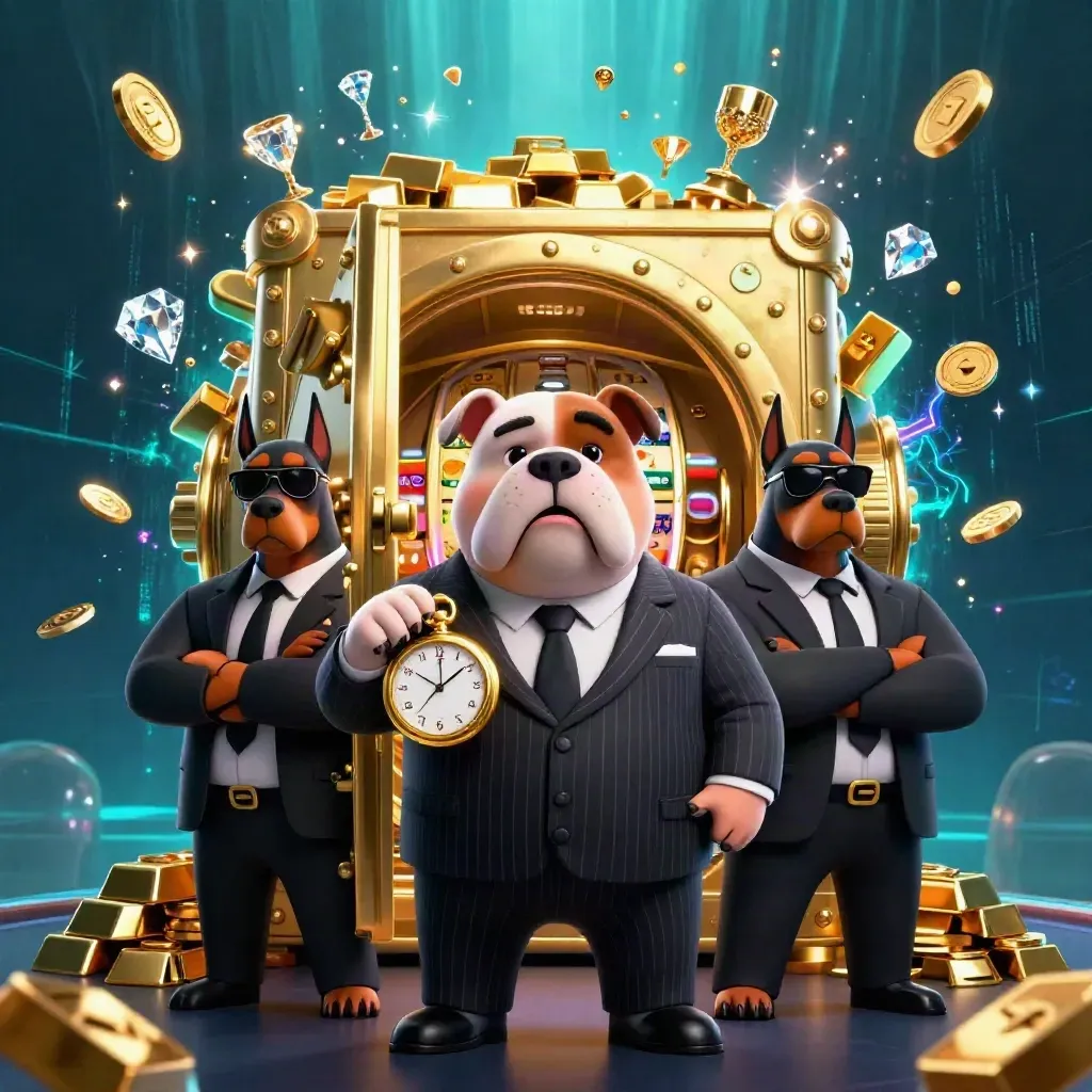 Mobster bulldog with two dobermans amid an exploding gold vault and neon casino effects