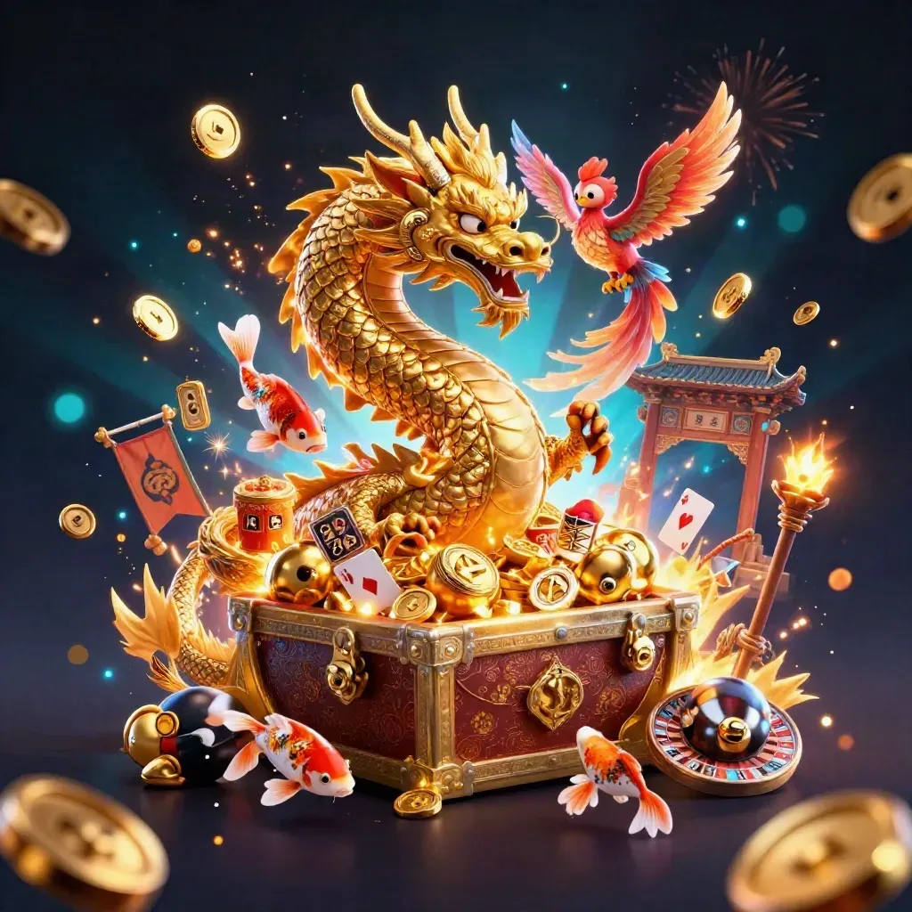 Golden dragon with phoenix, koi, coins, fireworks, and casino symbols in a dark neon fantasy scene.