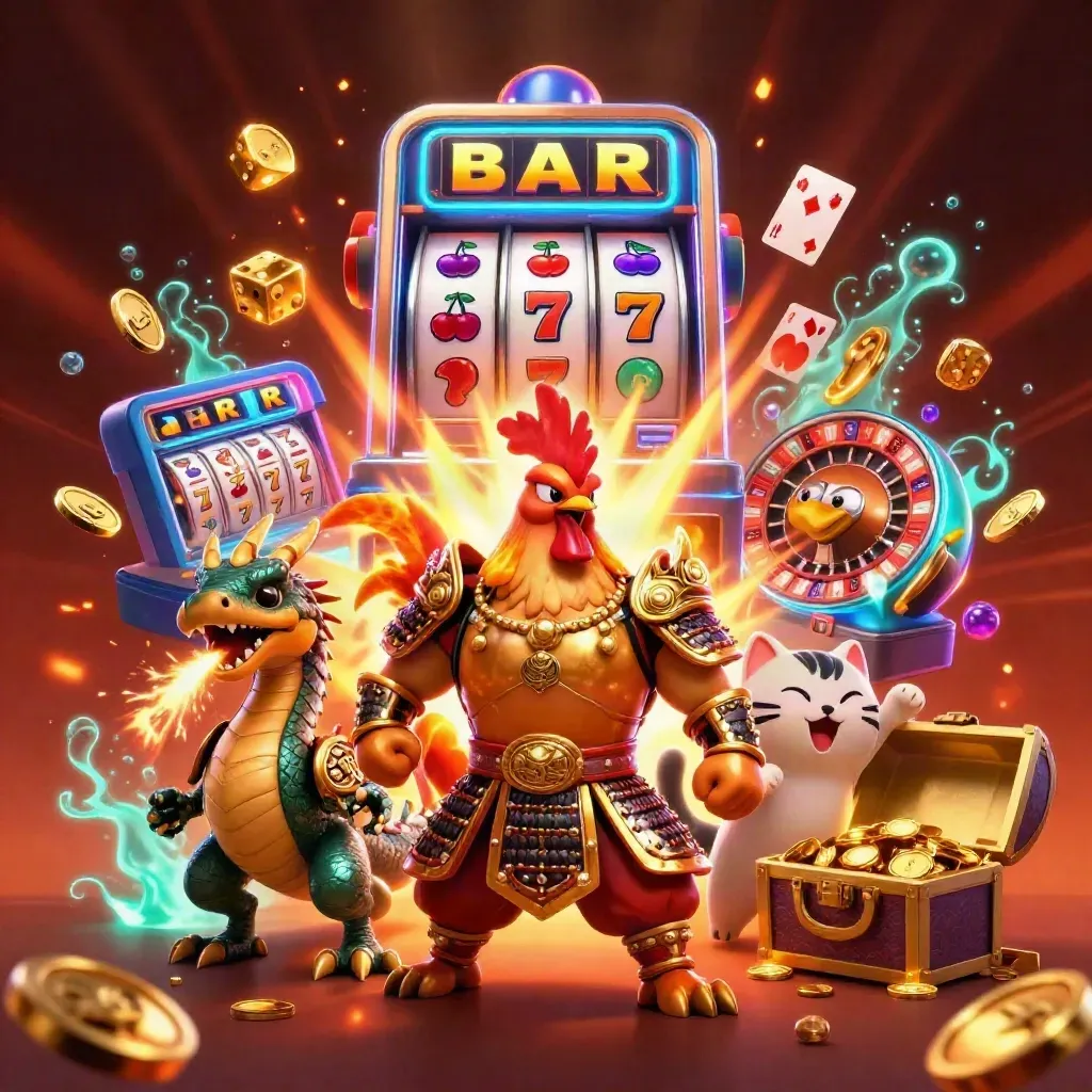 Rooster warrior, dragon hatchling, and fortune-cat amid exploding slots, coins, and treasure