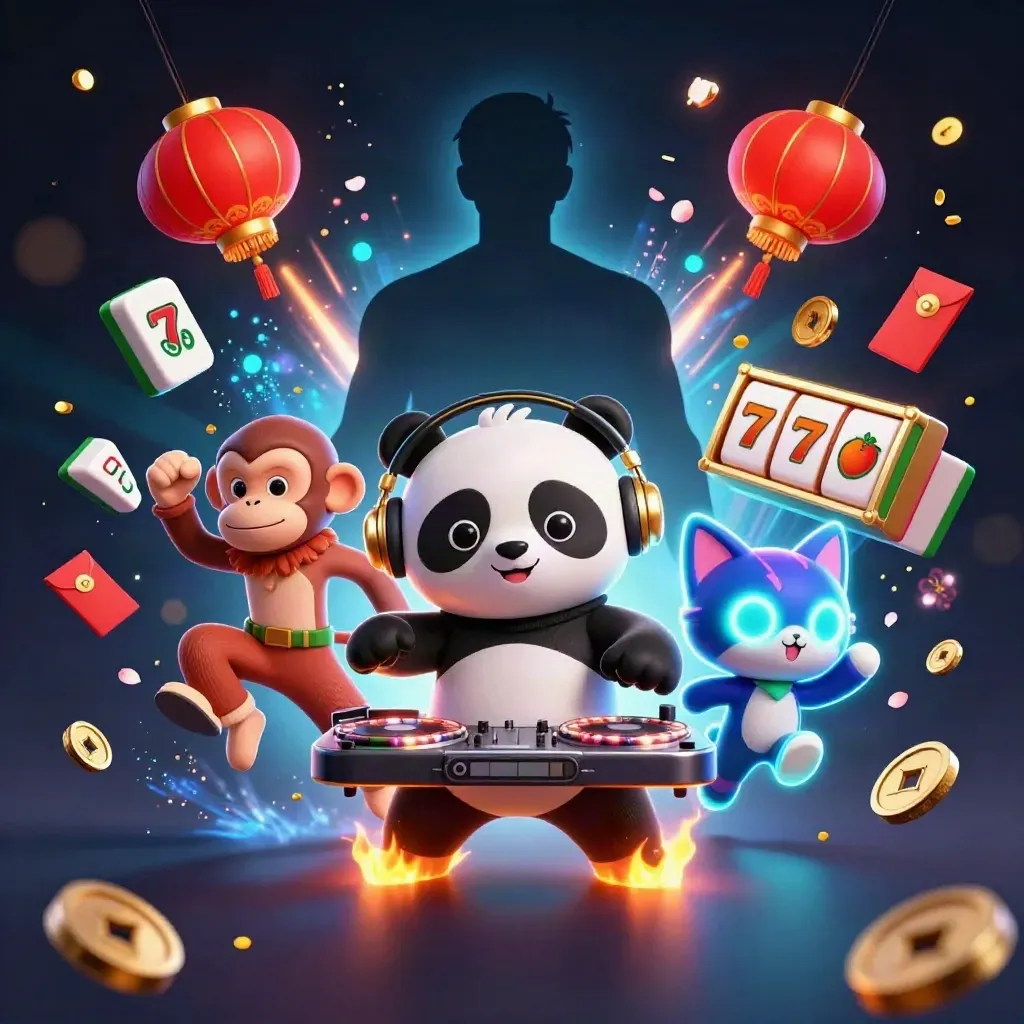 DJ panda, breakdancing monkey, and glow-stick kitten amid casino symbols and neon effects