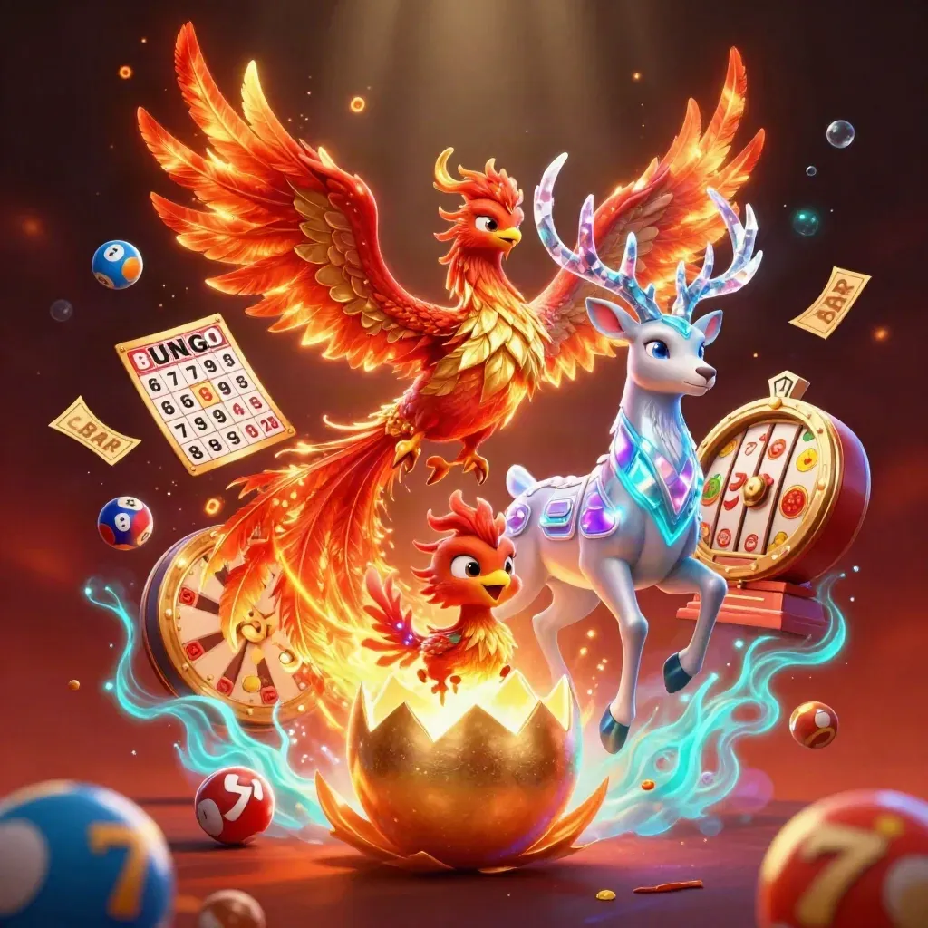 Phoenix, baby phoenix, and crystal stag amid casino icons on a dark neon fantasy backdrop.
