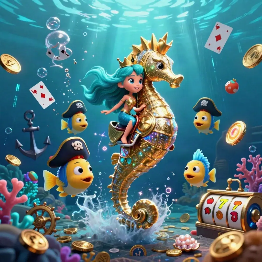 Mermaid princess on a seahorse amid pirate fish, coins, cards, coral, reels, and neon underwater chaos
