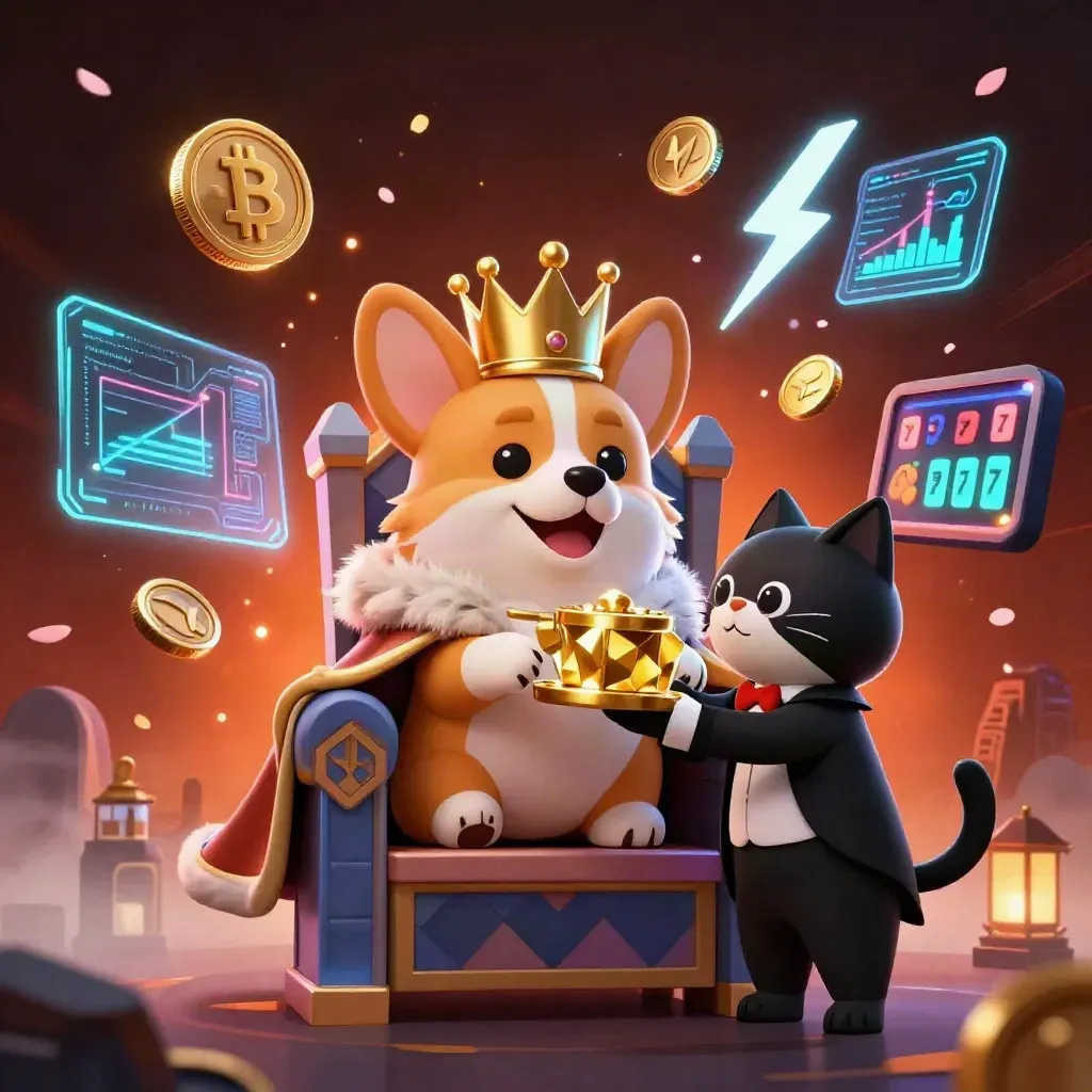 Royal corgi and cat butler on a chip throne with neon casino symbols and glowing coins.