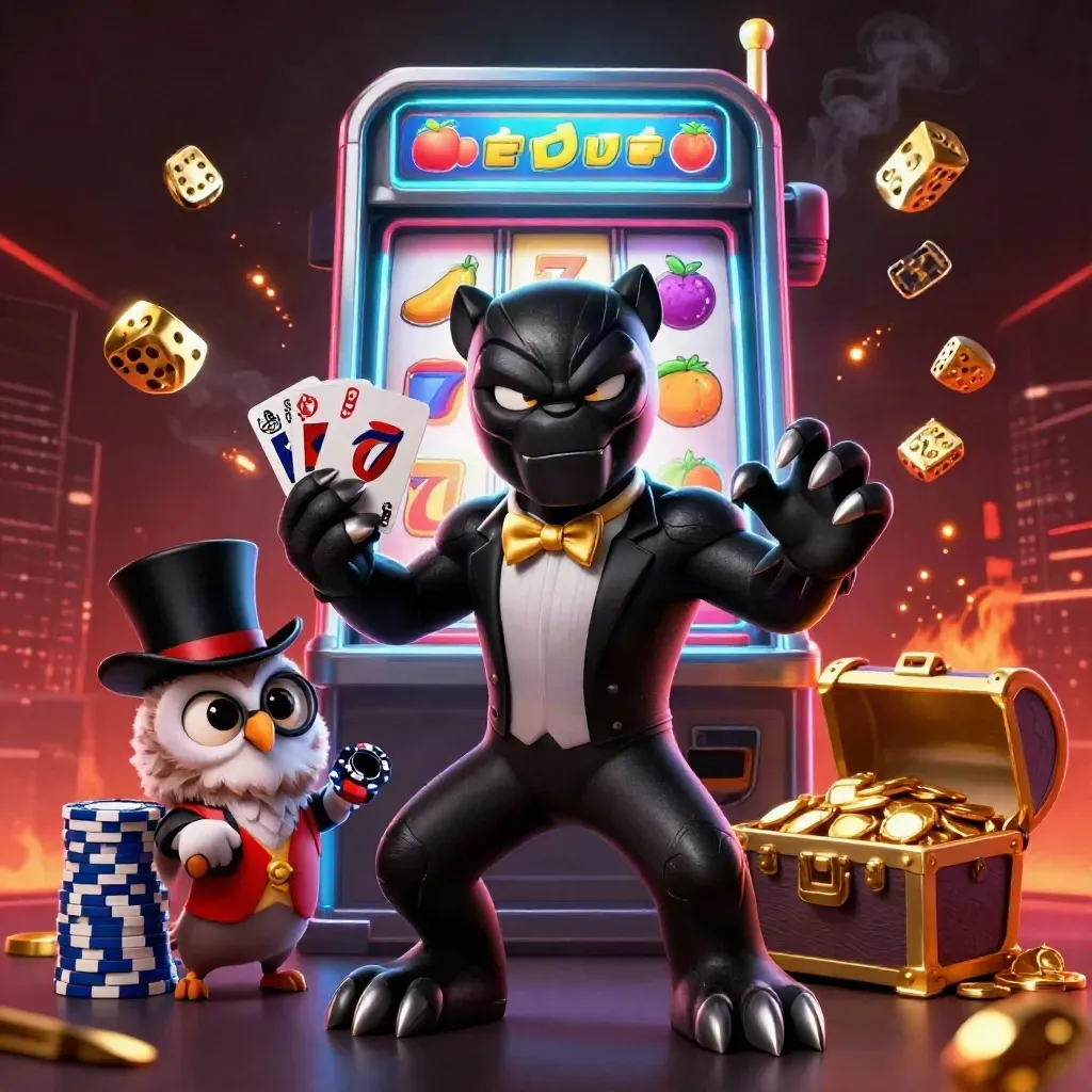 Panther, owl, and mouse crowd a bursting slot machine with chips, dice, gold, and cyan-blue glow.