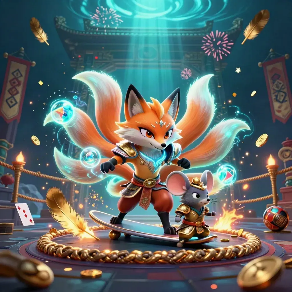 Nine-tailed fox spirit and armored mouse amid casino relics, coins, temple gate, and neon sparks.