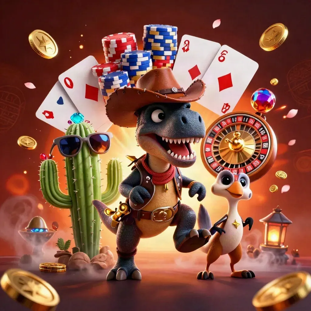Cowboy T-Rex, cactus sidekick, and roadrunner amid coins, chips, and neon casino glow