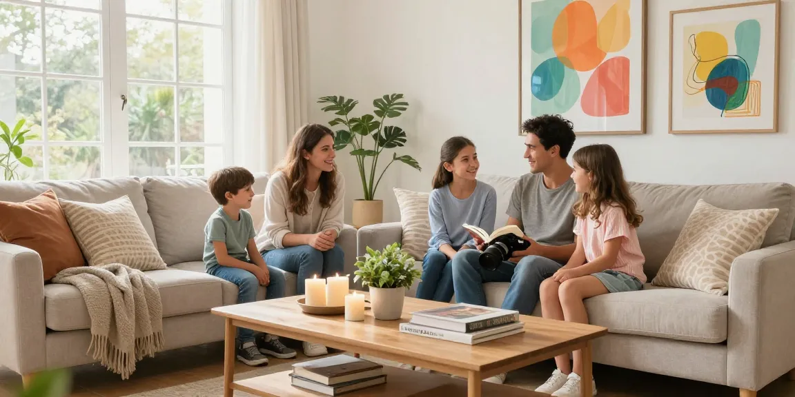 Home The Spruce family enjoying a cozy living room with a stylish sofa table and decorative elements.