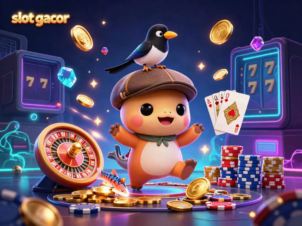 Experience slot gacor thrills with a cartoonish Nessie in a casino-themed scene filled with glittering coins and jewels.