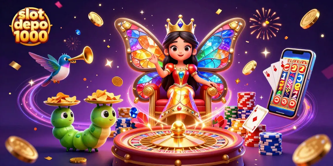 Play thrilling slot depo 1000 games with colorful chips and golden coins in this vibrant casino scene.