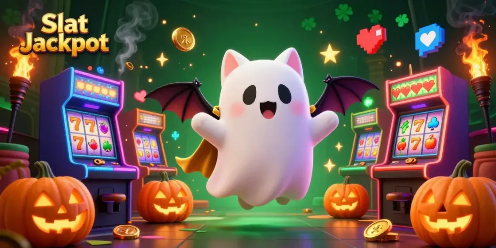 Spin for a big win at Slot Jackpot featuring a ghost cat and vampire bat amidst glowing casino symbols.