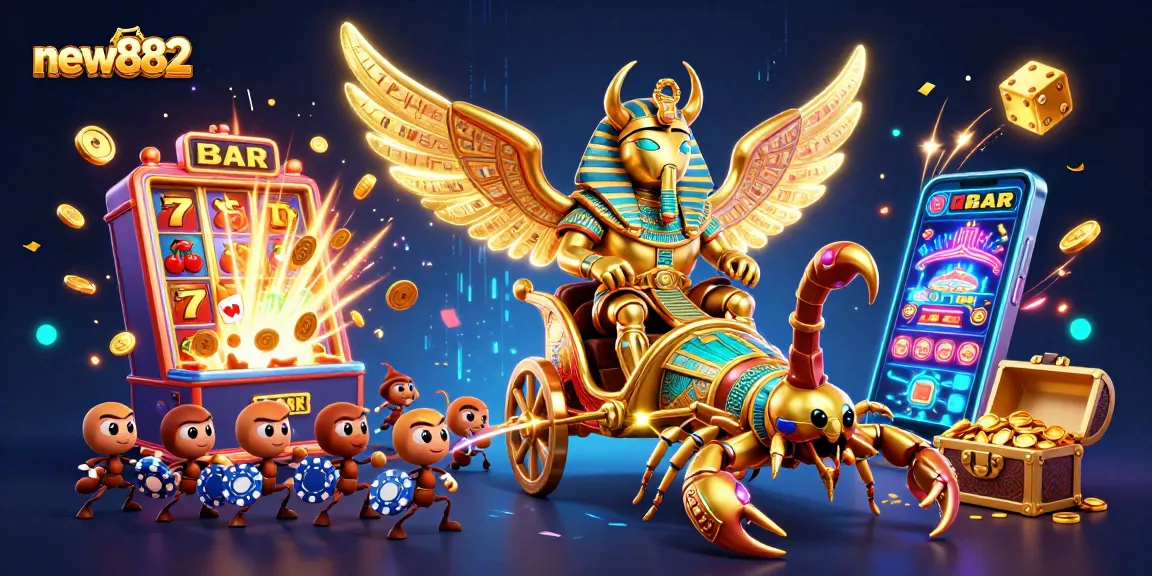 Experience the excitement of new882 with winning slot jackpots bursting forth in a vibrant 3D casino scene.