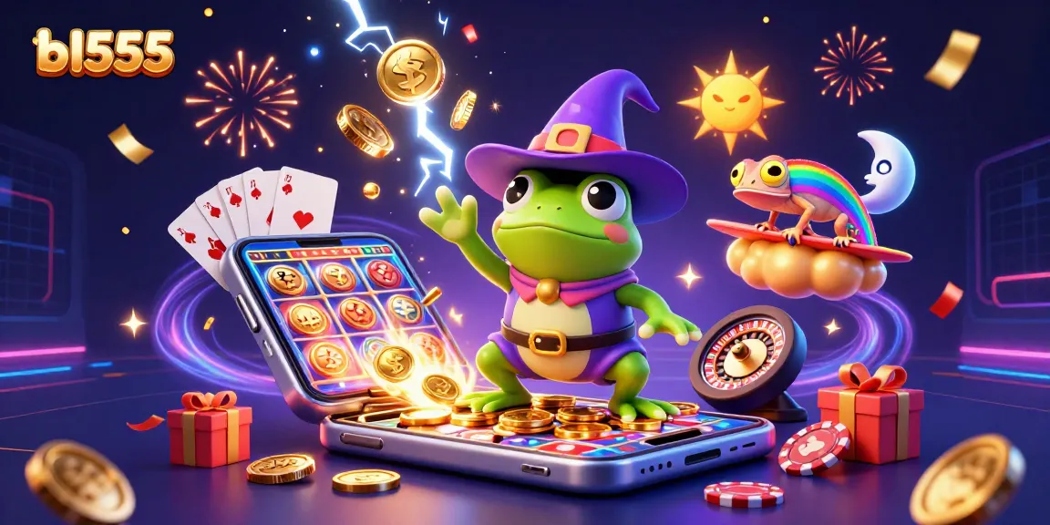 Win big with bl555 in this dynamic casino scene featuring slot games and vivid characters.